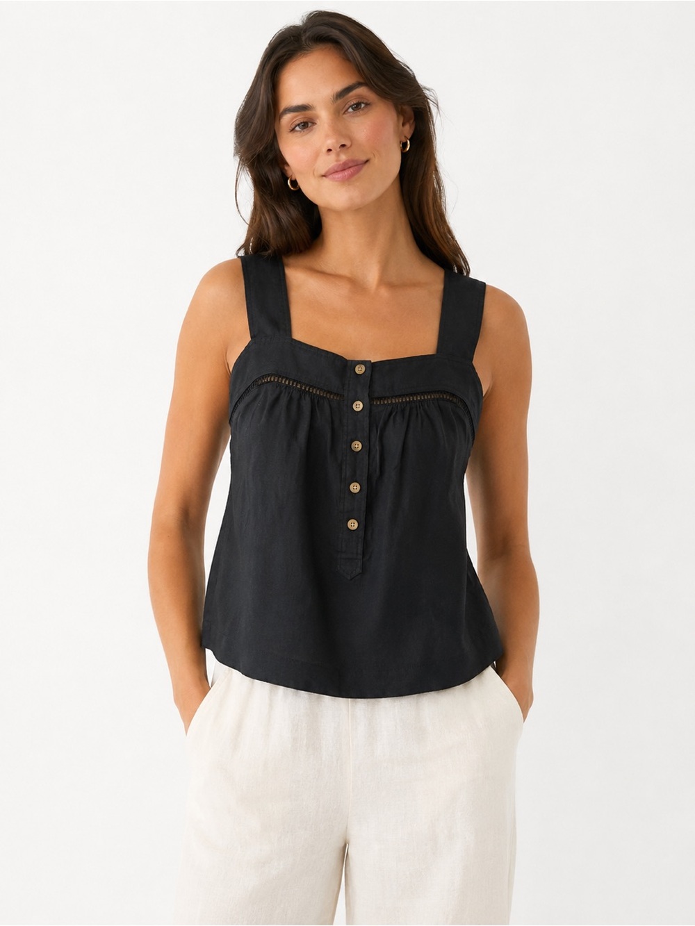 M&S Pure Linen Black Button Front Tank Top US 2 NWT